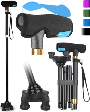 Walking Cane for Men and Women, Folding Adjustable Quad Cane Suitable for 5.4FT-6.3FT, Self Standing Cane with Pad for Seniors for Stability