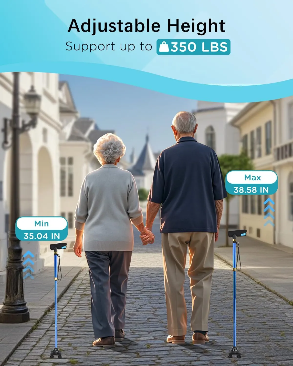 Walking Cane for Men and Women, Folding Adjustable Quad Cane Suitable for 5.4FT-6.3FT, Self Standing Cane with Pad for Seniors for Stability