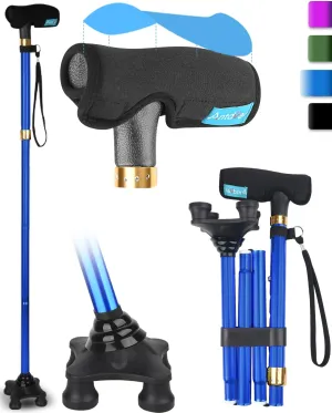 Walking Cane for Men and Women, Folding Adjustable Quad Cane Suitable for 5.4FT-6.3FT, Self Standing Cane with Pad for Seniors for Stability