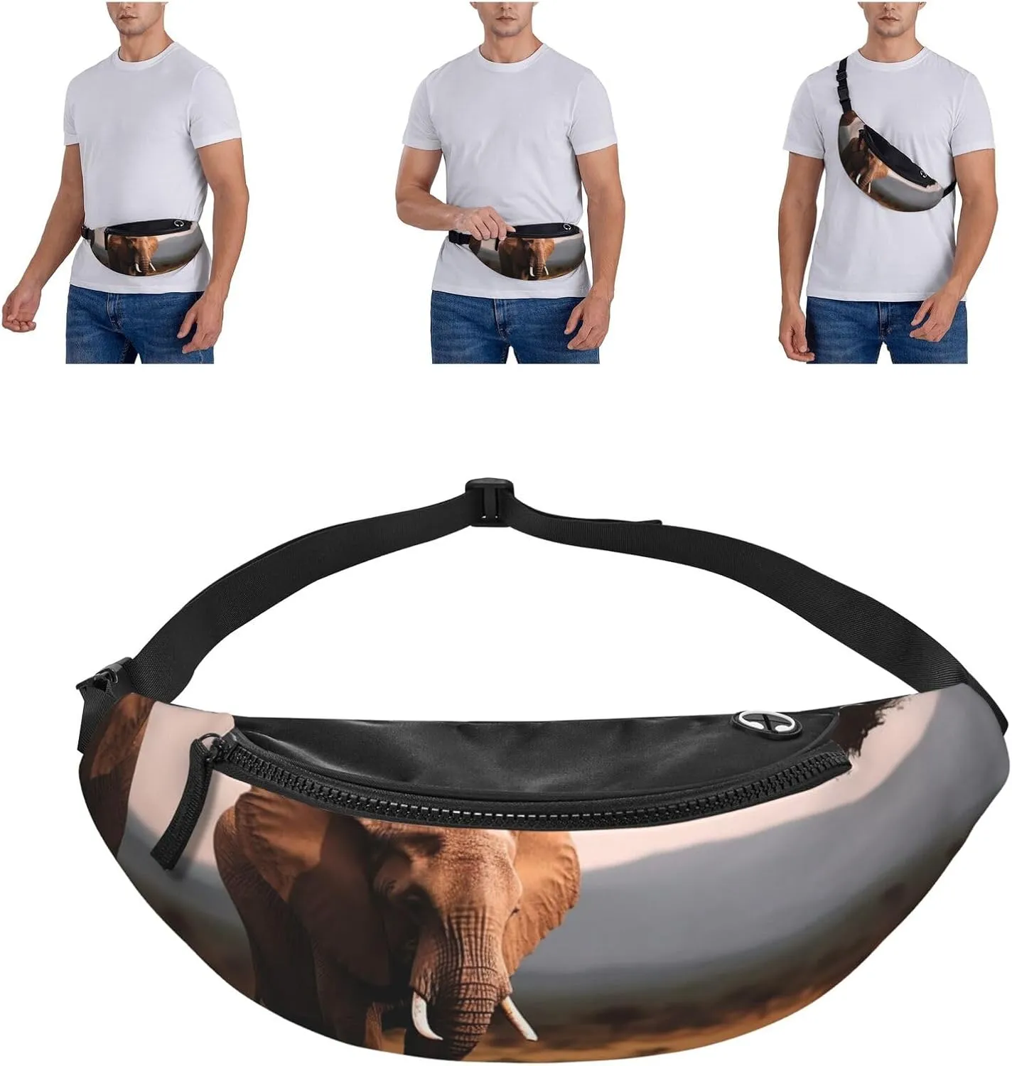 Walking Elephant Fanny Pack for Man Women Waist Bag Adjustable Belt Casual Chest Bag Bum Bags for Travel Sports Running Hiking Waist Packs
