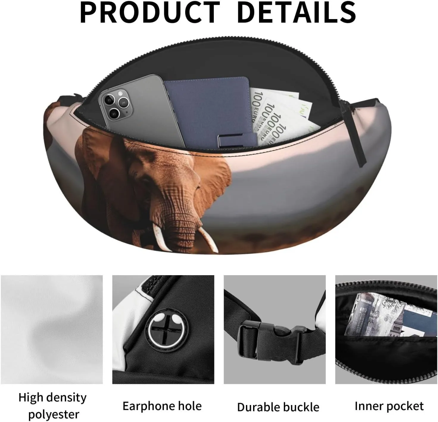 Walking Elephant Fanny Pack for Man Women Waist Bag Adjustable Belt Casual Chest Bag Bum Bags for Travel Sports Running Hiking Waist Packs