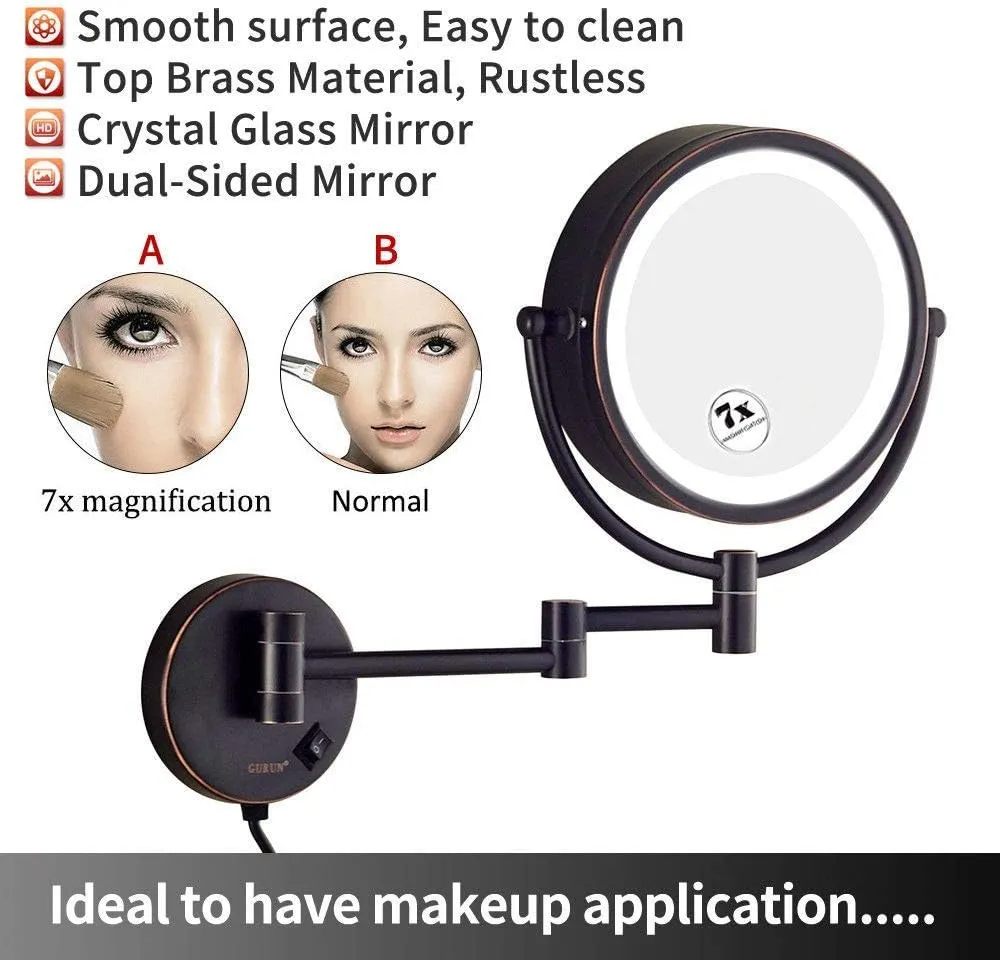 Wall Mount Bathroom Makeup Mirror Vanity Magnifying Double Sided Shaving Mirror Brass Bronze with Electrical Plug (Size : 7X)