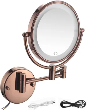 Wall Mounted Lighted Makeup Mirror, 8 Inch Double-Sided LED Vanity Mirror 1X /10X Magnification, 3 Color Lighting, Touch Screen DimmingRose Gold,Hardwired