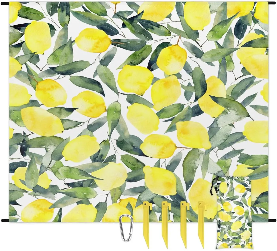 Watercolor Lemon Lightweight Beach Blanket Waterproof Sandproof 59"X68" Sand Free Beach Mat with 4 Stakes Compact Outdoor Blanket for Beach Quick Drying Picnic Mat for Travel Camping