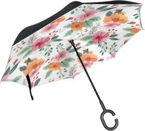 Watercolor Orange Red Flower Reverse Inverted Inside Out Umbrella Cars Unigue Windproof UV Proof Double Layer for Women