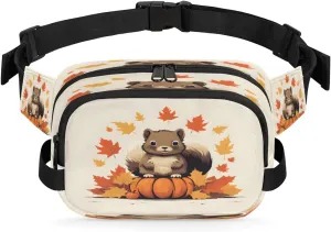 Watercolour Pumpkin Maple Leaf Squirrel Waterproof Fanny Pack for Women Men Adjustable Waist Bag with Double Zipper Pockets Lightweight Square Hip Pack for Running Travel Hiking Workout Cycling