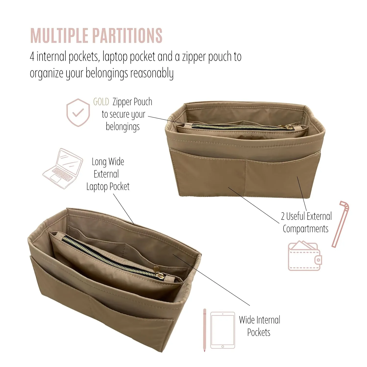 Waterproof Nylon Speedy 25 Purse Organizer, Lv Speedy 30 Purse Organizer and Shaper, Speedy 20 Organizer Insert Nylon, Handmade Snug Sturdy Gold Zipper (For Speedy 20, Beige)