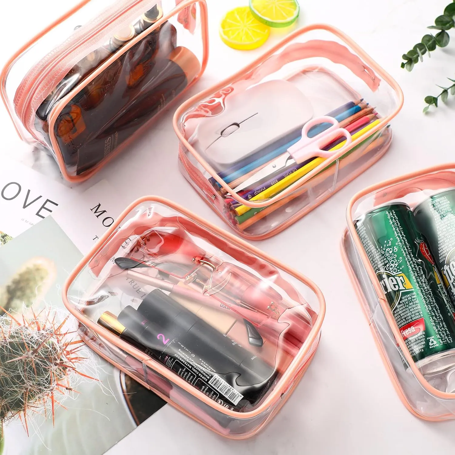 Weewooday 12 Pieces Clear Makeup Bags Cosmetic Storage Bags PVC Zipper Pouches Travel Waterproof Makeup Plastic Case for Women Organizing Toiletries Traveling Bathroom(Large,Pink)
