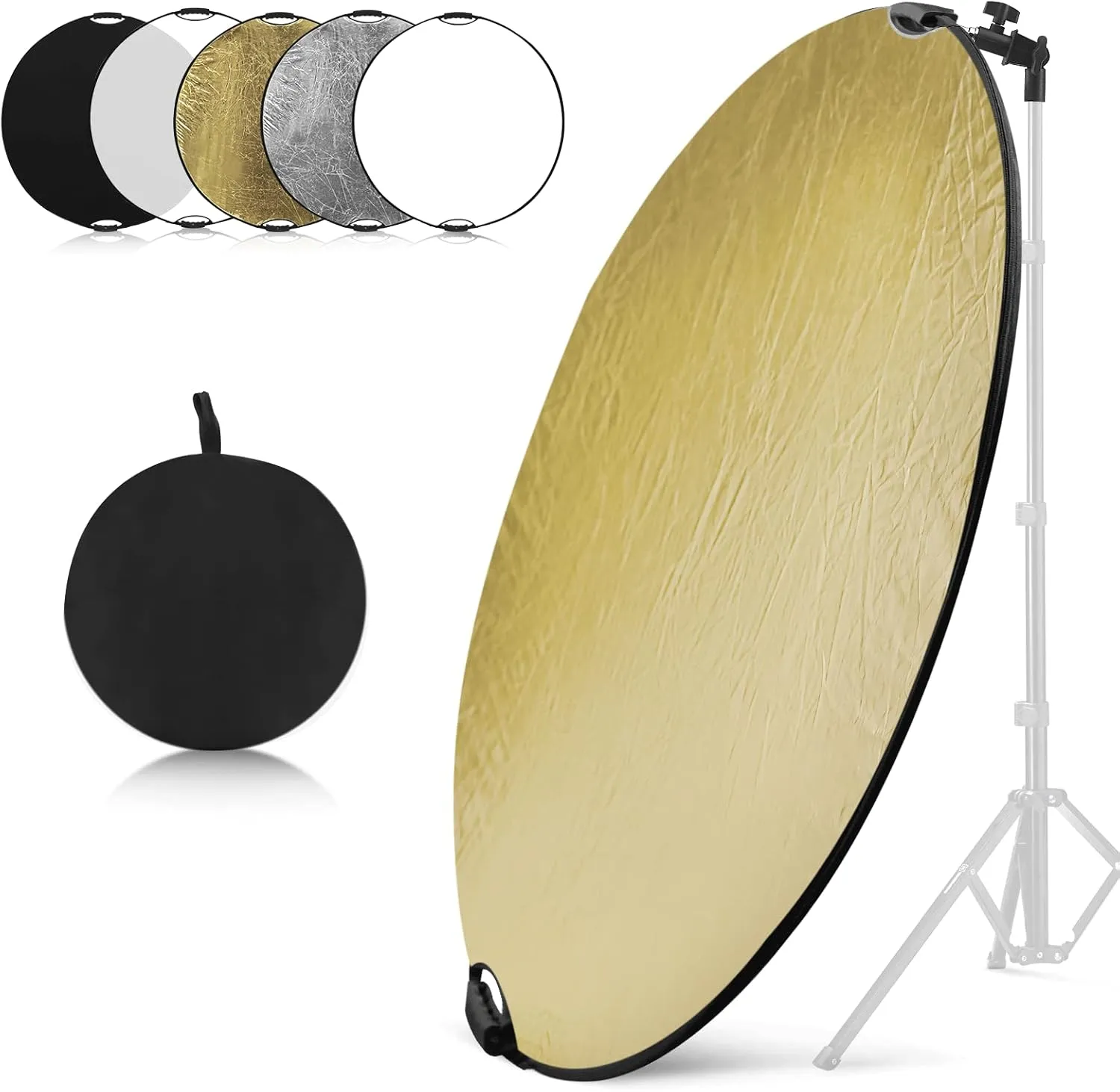 Wellmaking 43Inch/110cm Photography Light Reflector, Portable Foldable 5 in 1 Diffuser Reflectors with Bag & tilt Adapter for Studio & Outdoor Lighting-Translucent, Silver, Gold, White and Black
