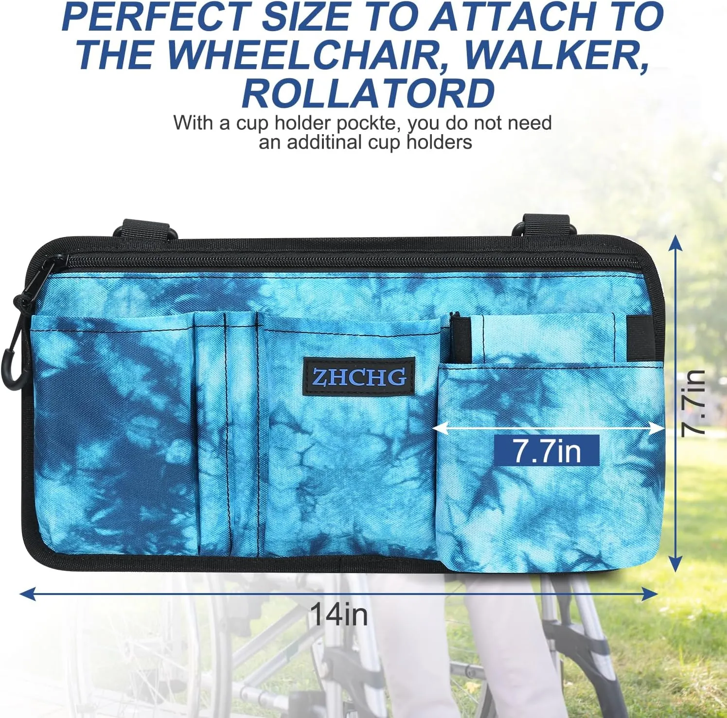 Wheelchair Side Bag with Cup Holder, Wheelchair Armrest Pouch Accessories for Walker, Rollator, Electric Scooter Wheelchairs, Ideal Gift for Mother's Day & Father's Day, Blue (Blue)