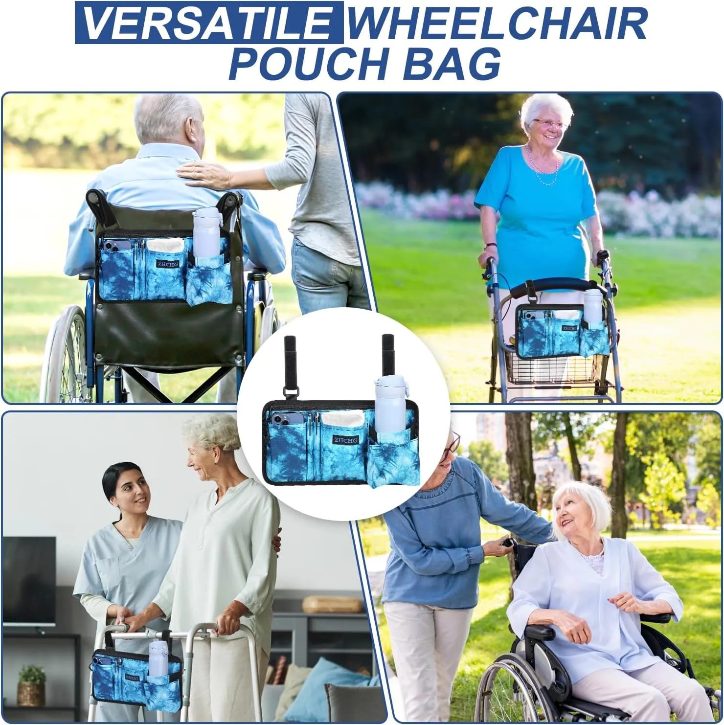Wheelchair Side Bag with Cup Holder, Wheelchair Armrest Pouch Accessories for Walker, Rollator, Electric Scooter Wheelchairs, Ideal Gift for Mother's Day & Father's Day, Blue (Blue)