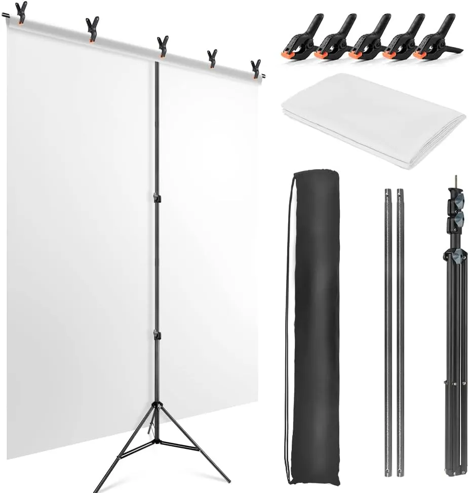 White Backdrop with Stand for Photoshoot, 5X6.5ft White Photo Backdrop with T Shape Background Backdrop Stand for Photography, Portable Photo Backdrop Curtain Stand Kit w Carrying Bag 5 Spring Clamps