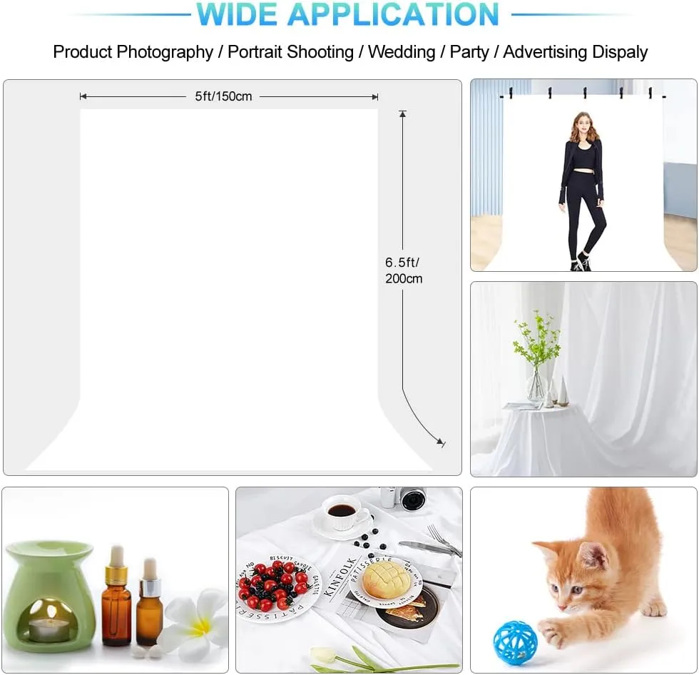 White Backdrop with Stand for Photoshoot, 5X6.5ft White Photo Backdrop with T Shape Background Backdrop Stand for Photography, Portable Photo Backdrop Curtain Stand Kit w Carrying Bag 5 Spring Clamps