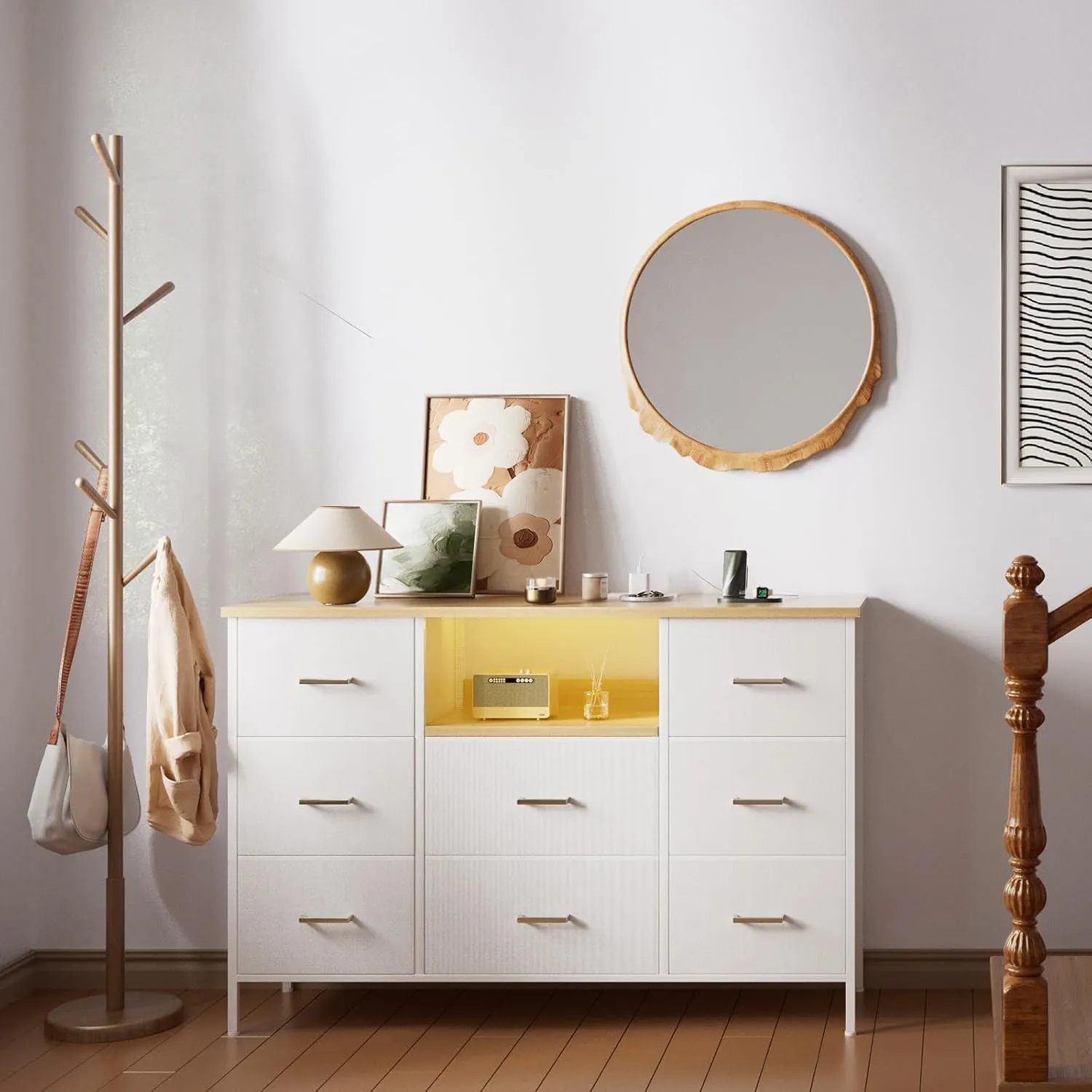 White Dresser with LED Lights & Power Outlets, Dresser TV Stand with 8 Drawers for 55" TV, Fabric Chest of Drawers for Bedroom, Living Room, Entryway