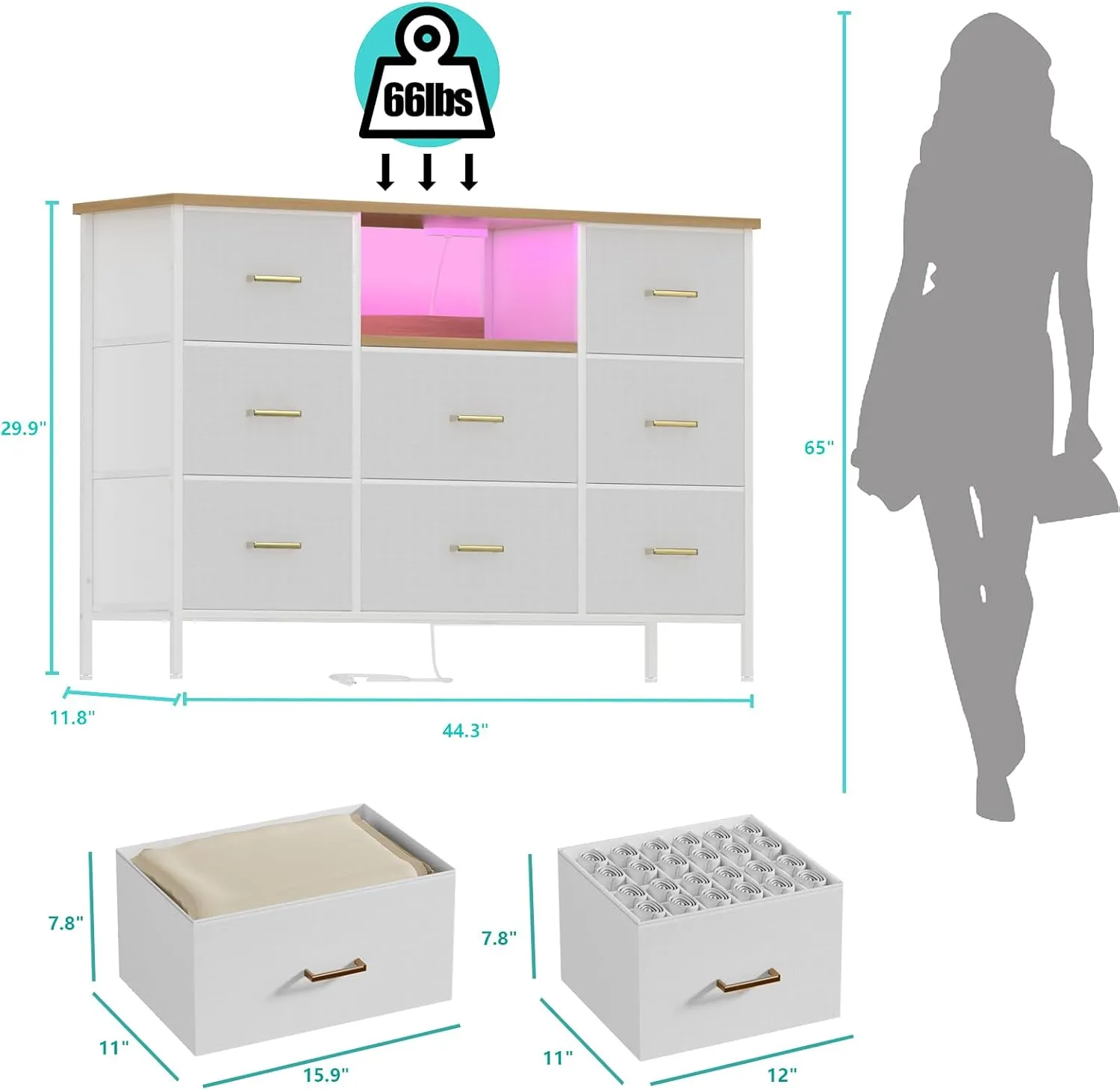 White Dresser with LED Lights & Power Outlets, Dresser TV Stand with 8 Drawers for 55" TV, Fabric Chest of Drawers for Bedroom, Living Room, Entryway