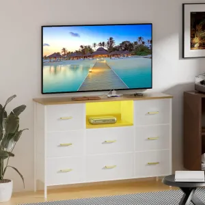 White Dresser with LED Lights & Power Outlets, Dresser TV Stand with 8 Drawers for 55" TV, Fabric Chest of Drawers for Bedroom, Living Room, Entryway