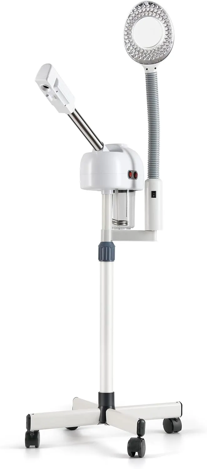 White Professional 2 in 1 Facial Steamer Upgrade Esthetician Steamer Ozone Facial Steamer with 5X Mag Lamp Floor for Spa Shop