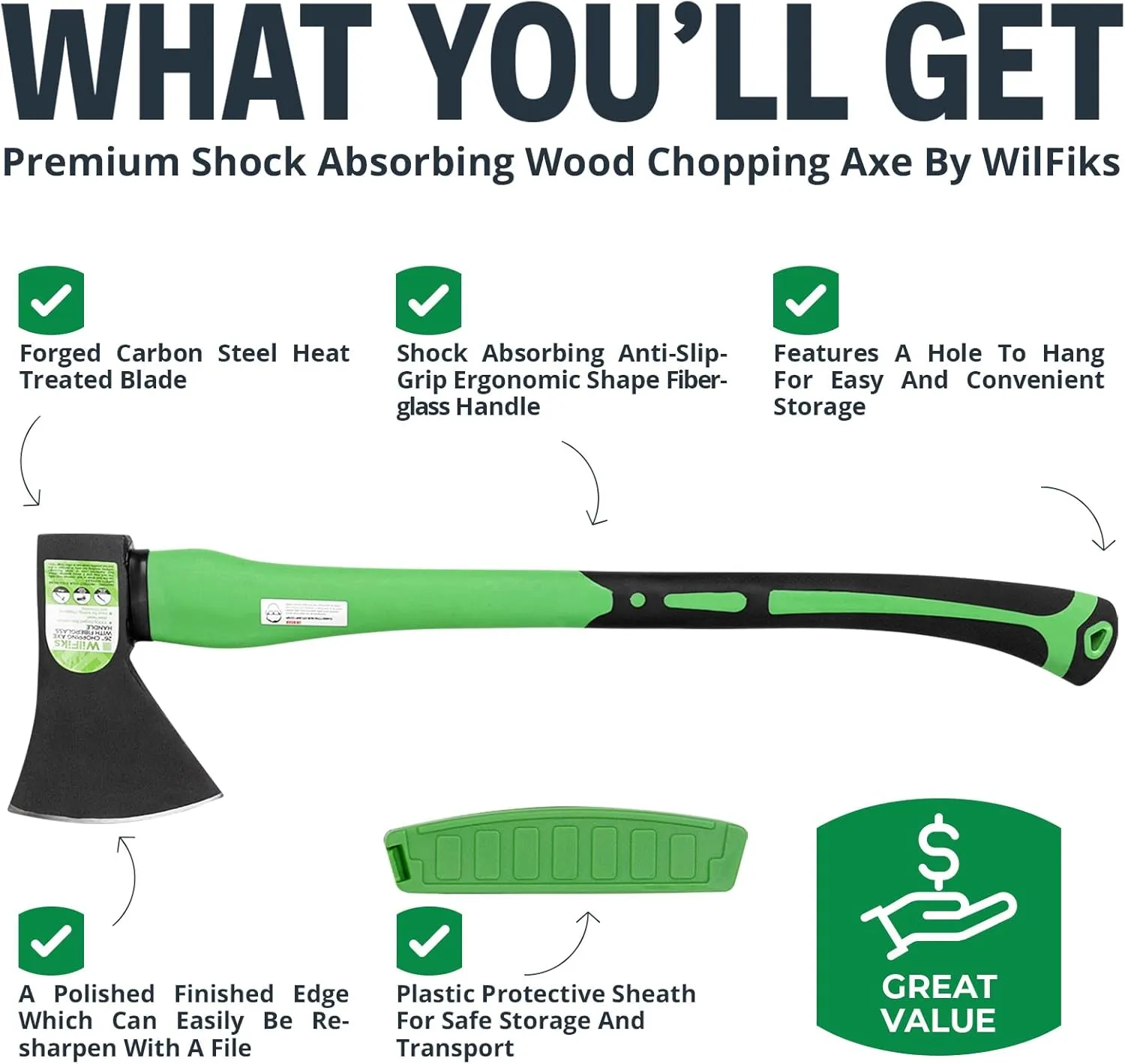 WilFiks Chopping Axe, 26” Camping Outdoor Hatchet for Wood Splitting and Kindling, Forged Carbon Steel Heat Treated Hand Maul Tool, Fiberglass Shock Reduction Handle with Anti-Slip Grip