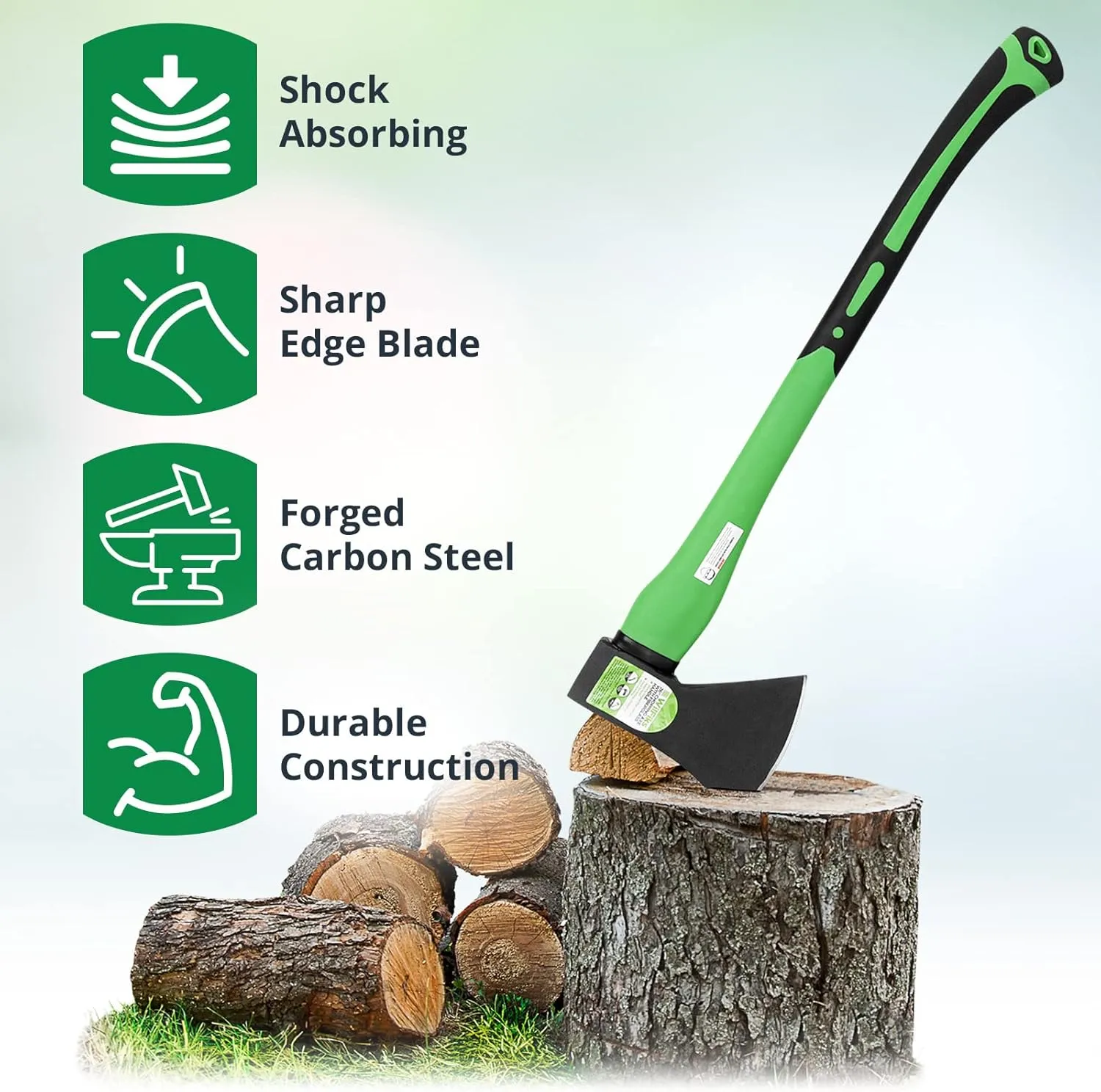 WilFiks Chopping Axe, 26” Camping Outdoor Hatchet for Wood Splitting and Kindling, Forged Carbon Steel Heat Treated Hand Maul Tool, Fiberglass Shock Reduction Handle with Anti-Slip Grip