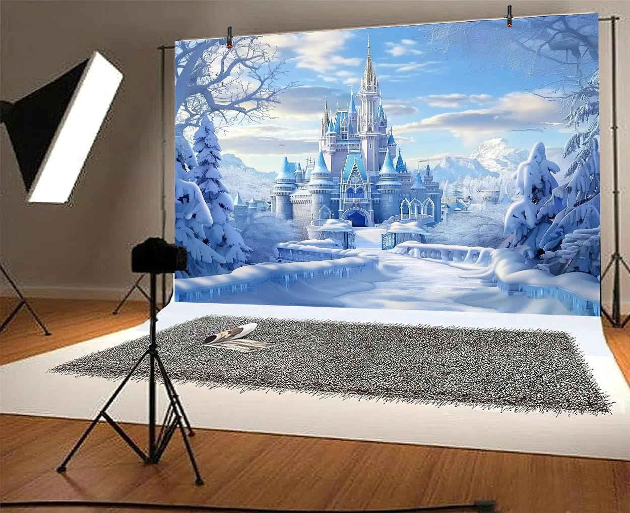 Winter Castle Backdrop 10 x 8 ft, Christmas Frozen Castle Xmas Holi Merry Christmas Photography Snow White Background Party Banner Photo Shoot Props Decoration
