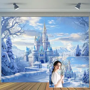 Winter Castle Backdrop 10 x 8 ft, Christmas Frozen Castle Xmas Holi Merry Christmas Photography Snow White Background Party Banner Photo Shoot Props Decoration