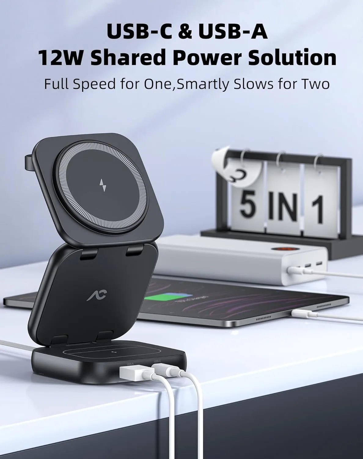 Wireless Charger for MagSafe, AC Island 5-in-1 Portable Travel Charging Station, 15W Max Fast Foldable Magnetic Stand, Evolved for iPhone 16/15/14/13 Series, Apple Watch, AirPods (with 35W Adapter)