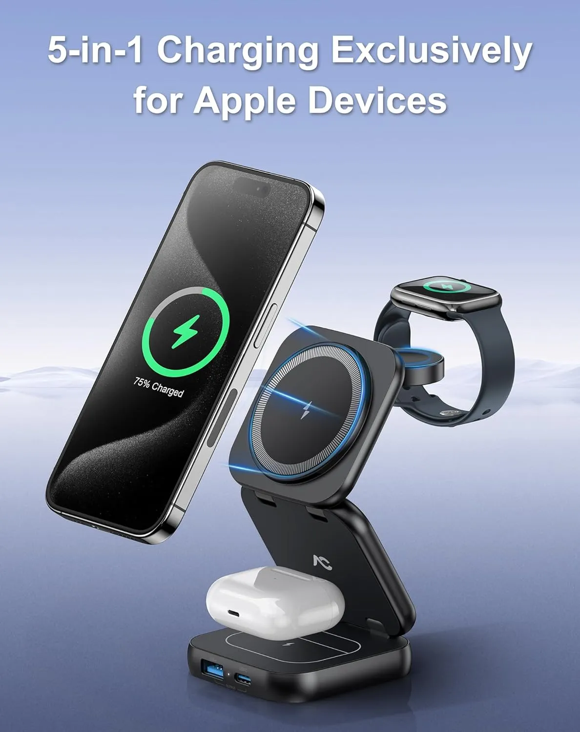 Wireless Charger for MagSafe, AC Island 5-in-1 Portable Travel Charging Station, 15W Max Fast Foldable Magnetic Stand, Evolved for iPhone 16/15/14/13 Series, Apple Watch, AirPods (with 35W Adapter)