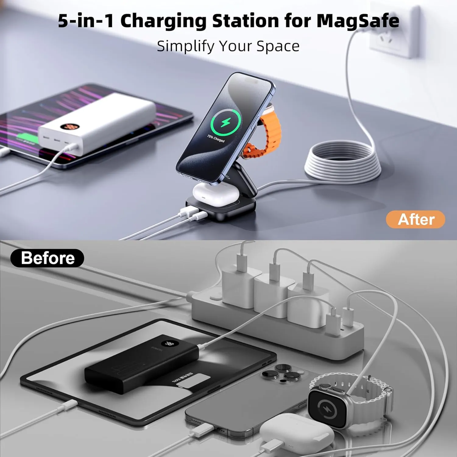 Wireless Charger for MagSafe, AC Island 5-in-1 Portable Travel Charging Station, 15W Max Fast Foldable Magnetic Stand, Evolved for iPhone 16/15/14/13 Series, Apple Watch, AirPods (with 35W Adapter)