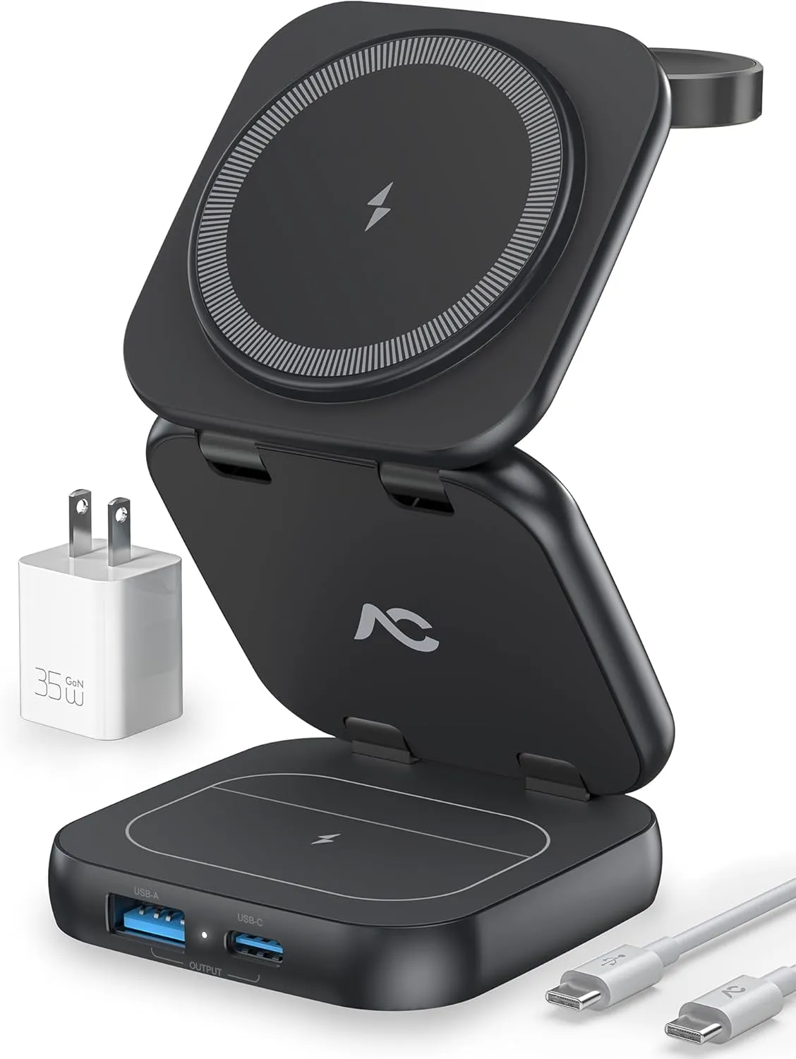 Wireless Charger for MagSafe, AC Island 5-in-1 Portable Travel Charging Station, 15W Max Fast Foldable Magnetic Stand, Evolved for iPhone 16/15/14/13 Series, Apple Watch, AirPods (with 35W Adapter)