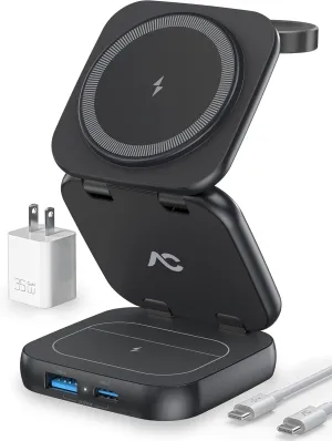 Wireless Charger for MagSafe, AC Island 5-in-1 Portable Travel Charging Station, 15W Max Fast Foldable Magnetic Stand, Evolved for iPhone 16/15/14/13 Series, Apple Watch, AirPods (with 35W Adapter)