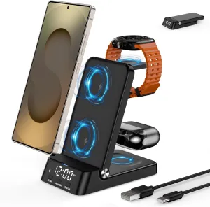 Wireless Charger with Alarm Clock Compatible for Samsung,Foldable 3 in 1 Charging Station for Galaxy Watch 7/Ultra/FE/6/5,Galaxy S25/Ultra/S24/Z Flip 6/5/Fold 6/5,Galaxy Buds 3/2/Pro Charger Stand