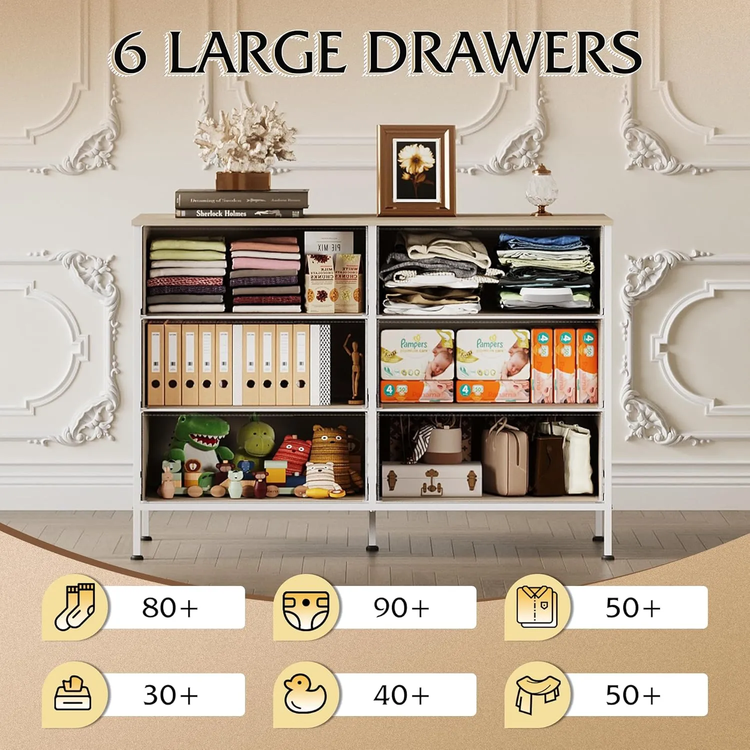 WLIVE 6 Drawer Dresser for Bedroom, Wide Fabric Dresser TV Stand for 50 Inches TV with Metal Frame, Wooden Top, Chest of Drawers, Storage Organizer for Living Room, Hallway, Light Grey