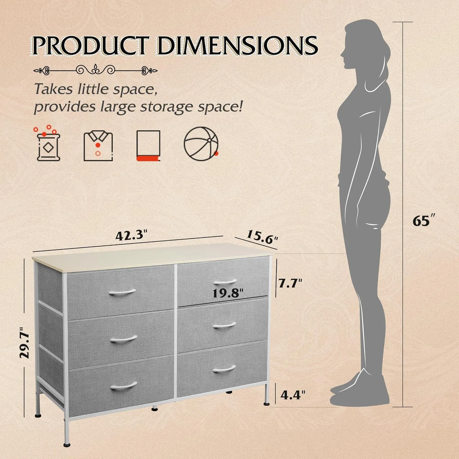 WLIVE 6 Drawer Dresser for Bedroom, Wide Fabric Dresser TV Stand for 50 Inches TV with Metal Frame, Wooden Top, Chest of Drawers, Storage Organizer for Living Room, Hallway, Light Grey