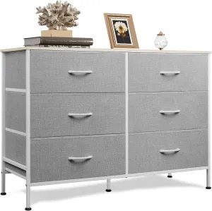 WLIVE 6 Drawer Dresser for Bedroom, Wide Fabric Dresser TV Stand for 50 Inches TV with Metal Frame, Wooden Top, Chest of Drawers, Storage Organizer for Living Room, Hallway, Light Grey