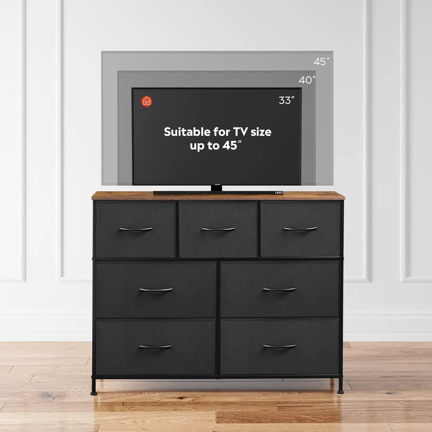 WLIVE 7 Drawer Dresser TV Stand, Entertainment Center, Media Console Table with Metal Frame and Wood Top for TV up to 45 inch, Chest of Drawers for Bedroom, Living Room, Black and Rustic Brown