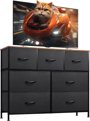 WLIVE 7 Drawer Dresser TV Stand, Entertainment Center, Media Console Table with Metal Frame and Wood Top for TV up to 45 inch, Chest of Drawers for Bedroom, Living Room, Black and Rustic Brown
