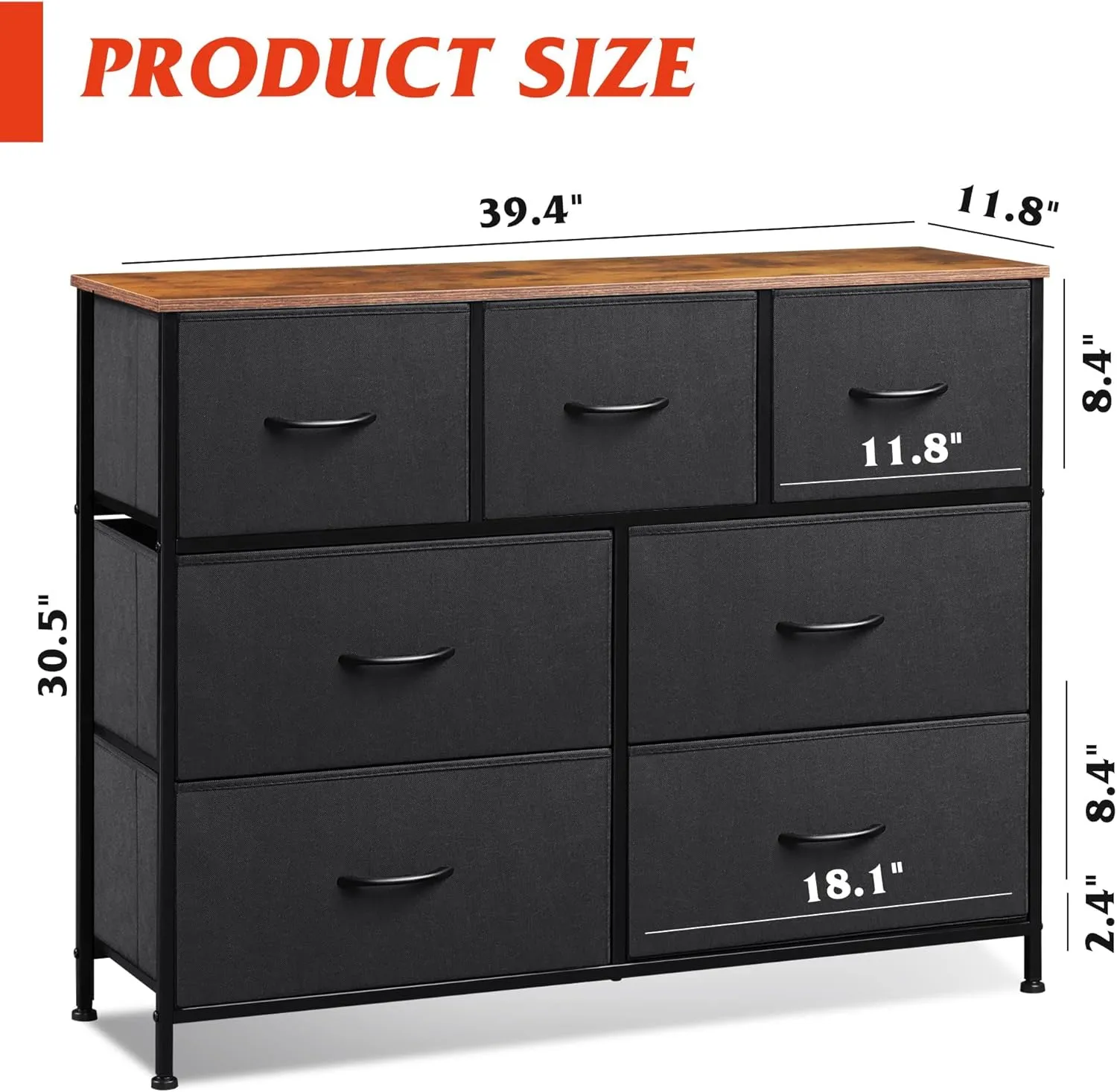 WLIVE 7 Drawer Dresser TV Stand, Entertainment Center, Media Console Table with Metal Frame and Wood Top for TV up to 45 inch, Chest of Drawers for Bedroom, Living Room, Black and Rustic Brown