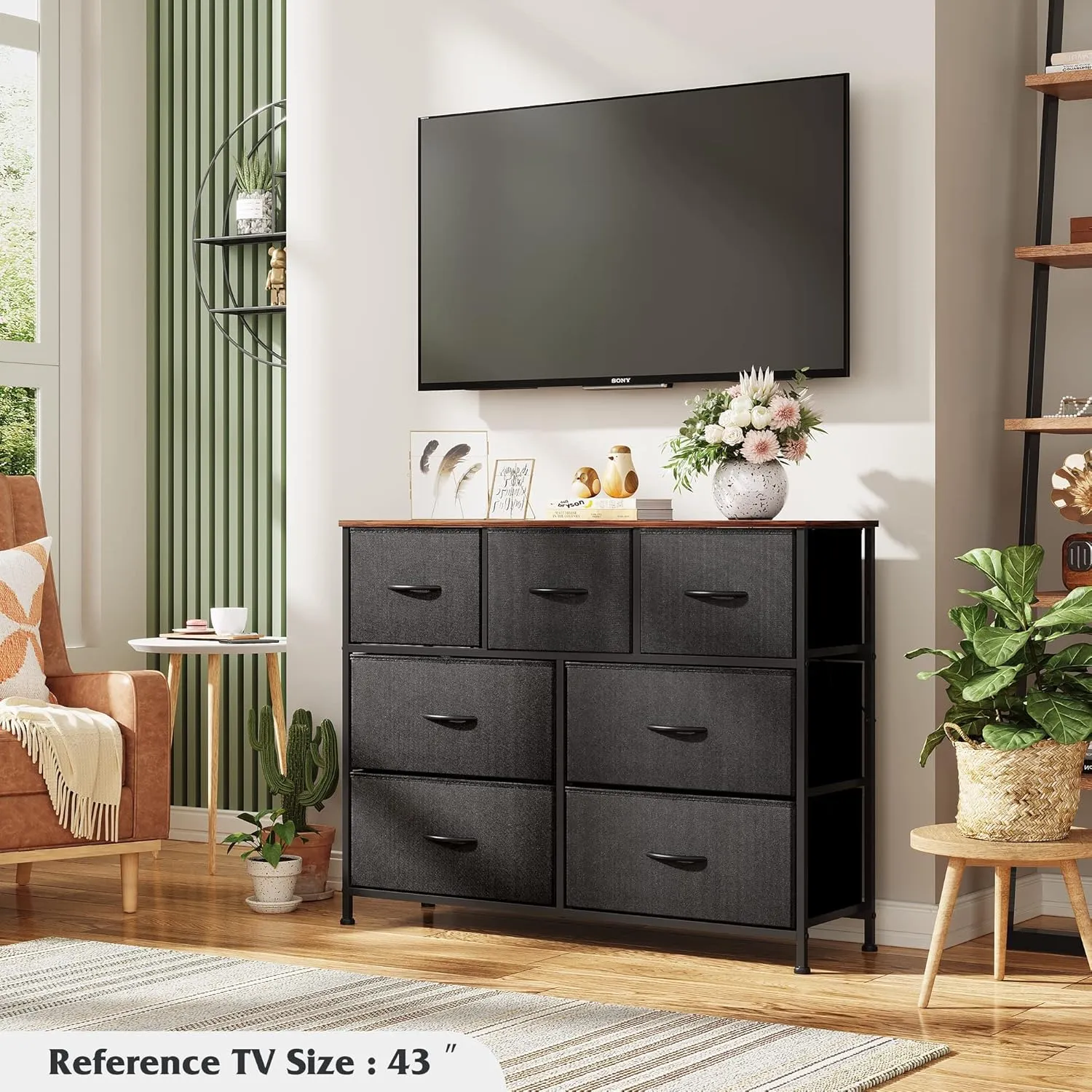 WLIVE 7 Drawer Dresser TV Stand, Entertainment Center, Media Console Table with Metal Frame and Wood Top for TV up to 45 inch, Chest of Drawers for Bedroom, Living Room, Black and Rustic Brown