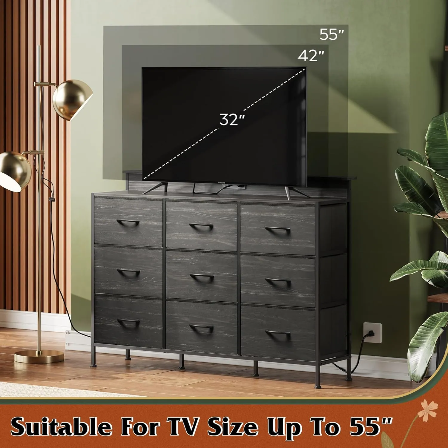 WLIVE Black Dresser TV Stand for 50, 55 inch, Led Dresser for Bedroom, Chest of Drawers with LED Lights, Charging Station, Clothes Storage with 9 Drawers, Wood Top, Living Room, Closet