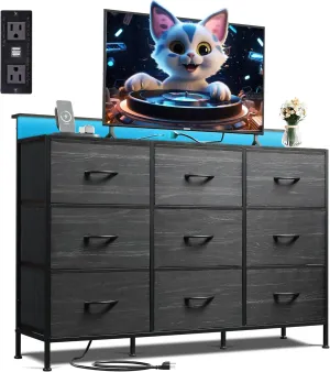 WLIVE Black Dresser TV Stand for 50, 55 inch, Led Dresser for Bedroom, Chest of Drawers with LED Lights, Charging Station, Clothes Storage with 9 Drawers, Wood Top, Living Room, Closet