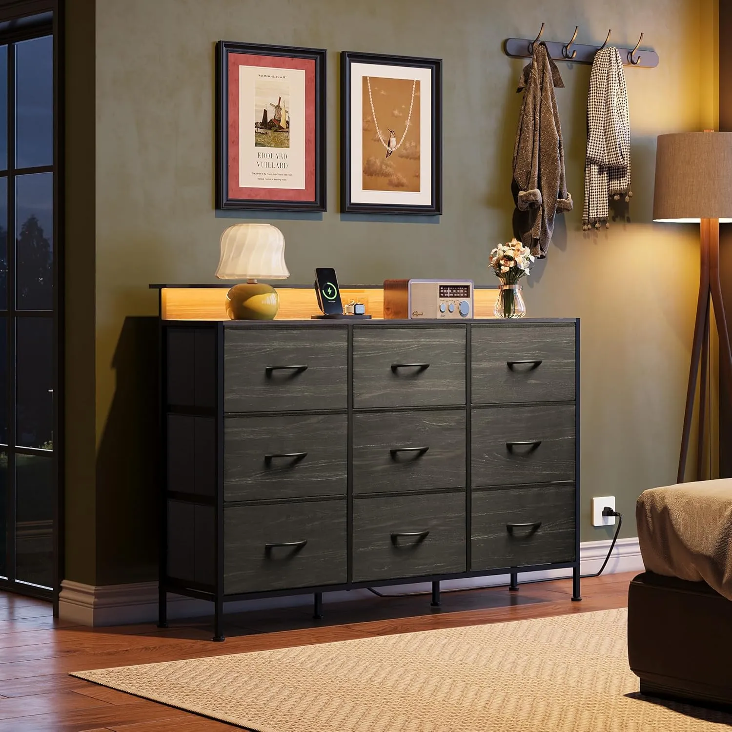 WLIVE Black Dresser TV Stand for 50, 55 inch, Led Dresser for Bedroom, Chest of Drawers with LED Lights, Charging Station, Clothes Storage with 9 Drawers, Wood Top, Living Room, Closet