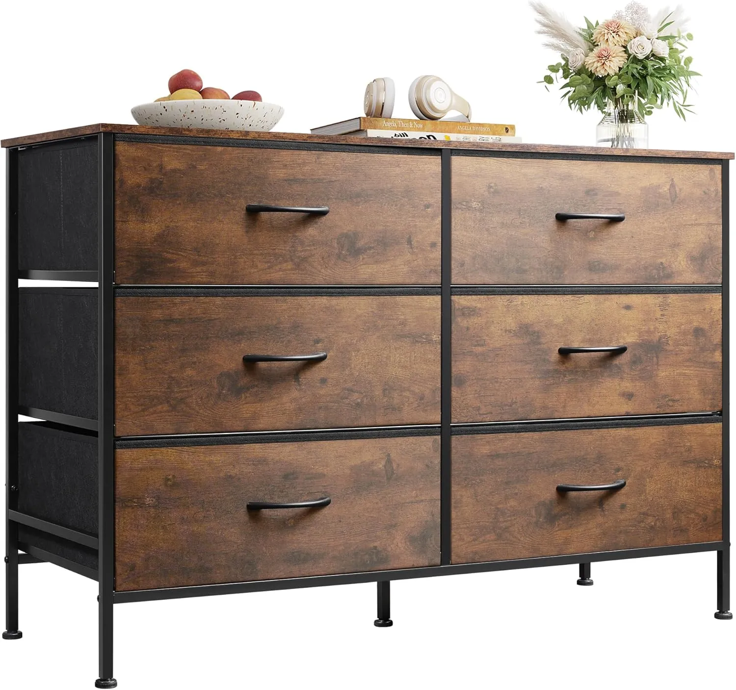 WLIVE Dresser for Bedroom with 6 Drawers, Wide Fabric Dresser TV Stand for 50 Inches TV, with Metal Frame, Wooden Top, Fabric Storage Dresser for Bedroom, Hallway, Entryway, Rustic Brown