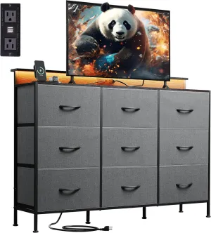WLIVE Grey Dresser TV Stand for 50, 55 inch, Fabric Dressers for Bedroom, Chest of Drawers with LED Lights, Charging Station, Clothes Storage with 9 Drawers, Wood Top, Living Room, Closet, Dark Gray