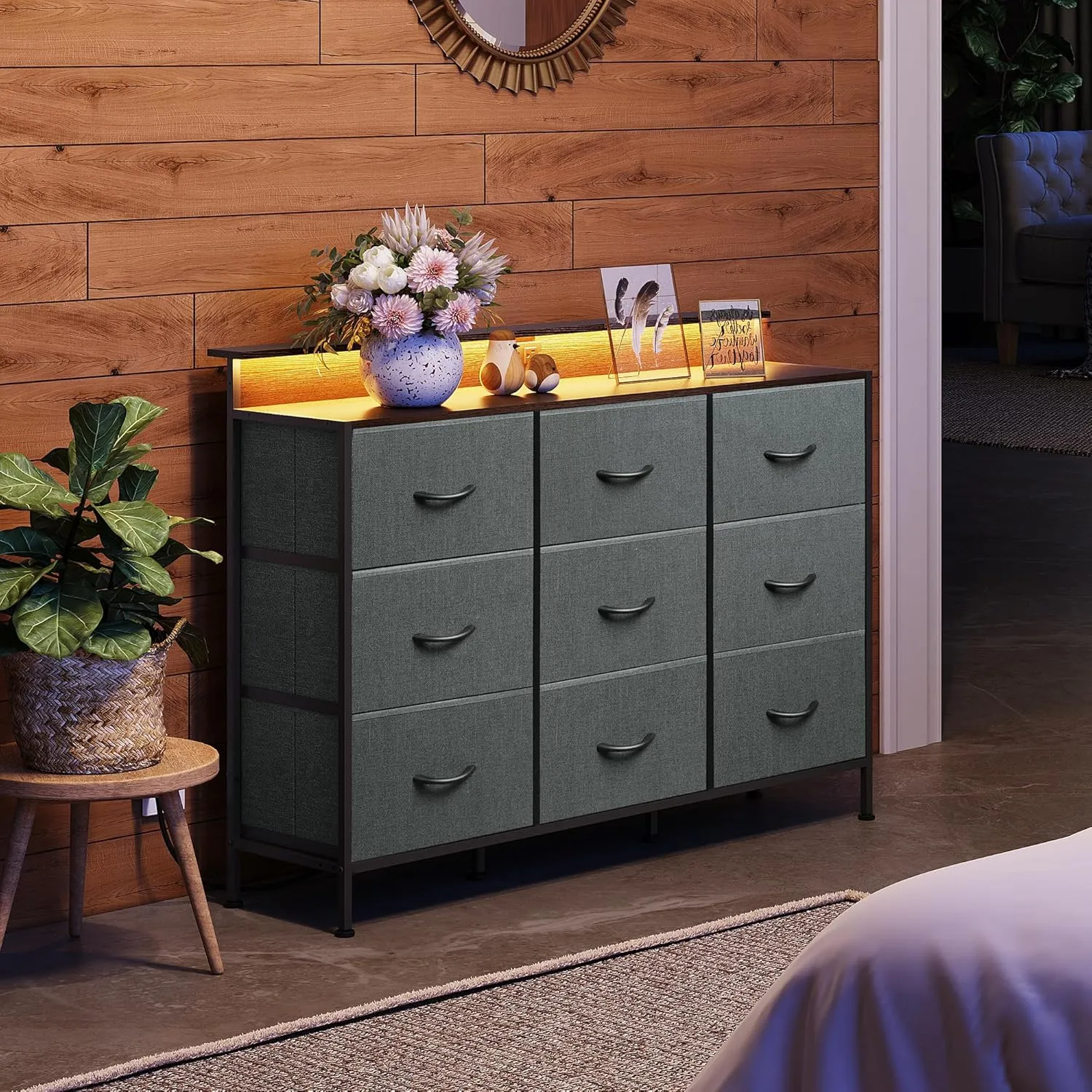 WLIVE Grey Dresser TV Stand for 50, 55 inch, Fabric Dressers for Bedroom, Chest of Drawers with LED Lights, Charging Station, Clothes Storage with 9 Drawers, Wood Top, Living Room, Closet, Dark Gray
