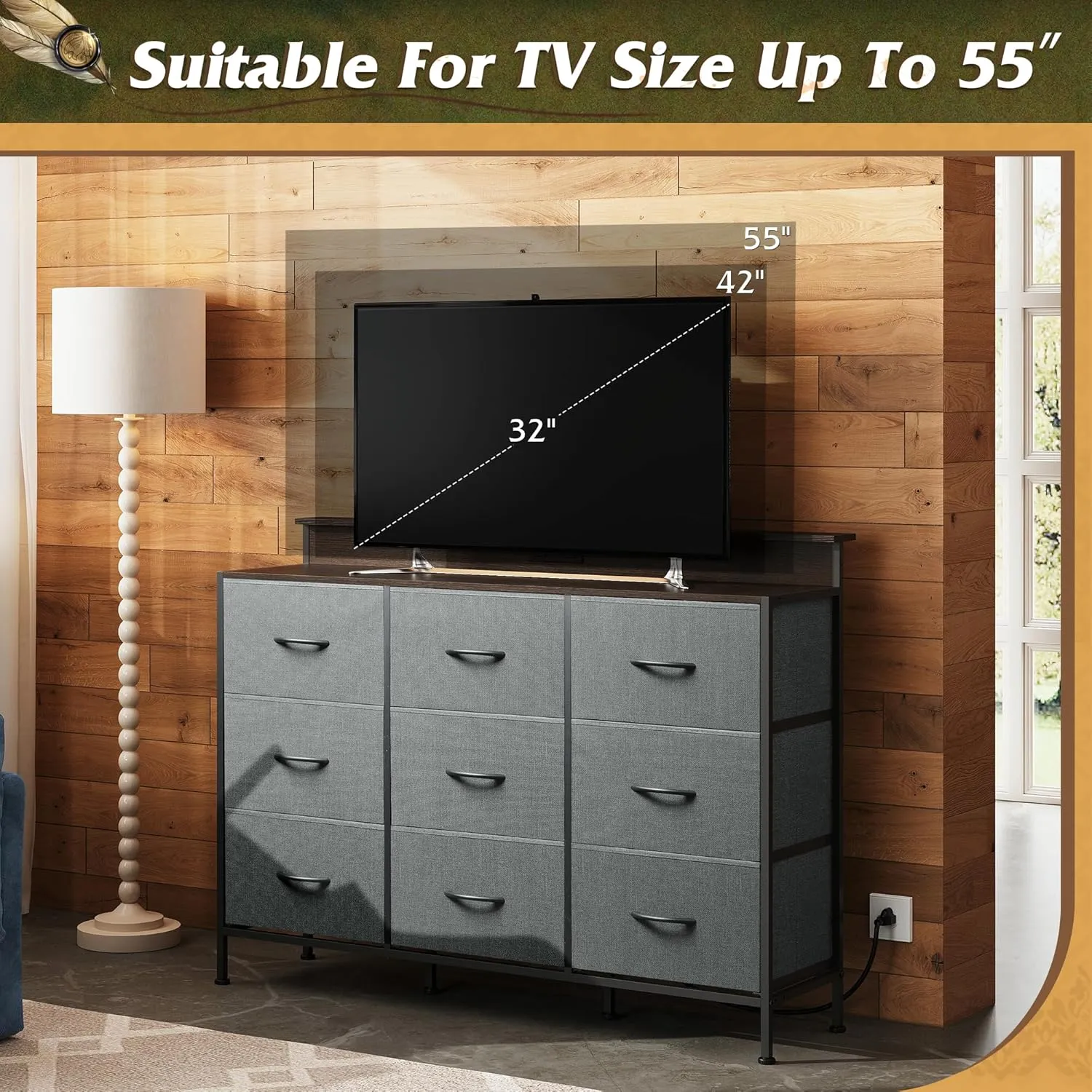 WLIVE Grey Dresser TV Stand for 50, 55 inch, Fabric Dressers for Bedroom, Chest of Drawers with LED Lights, Charging Station, Clothes Storage with 9 Drawers, Wood Top, Living Room, Closet, Dark Gray