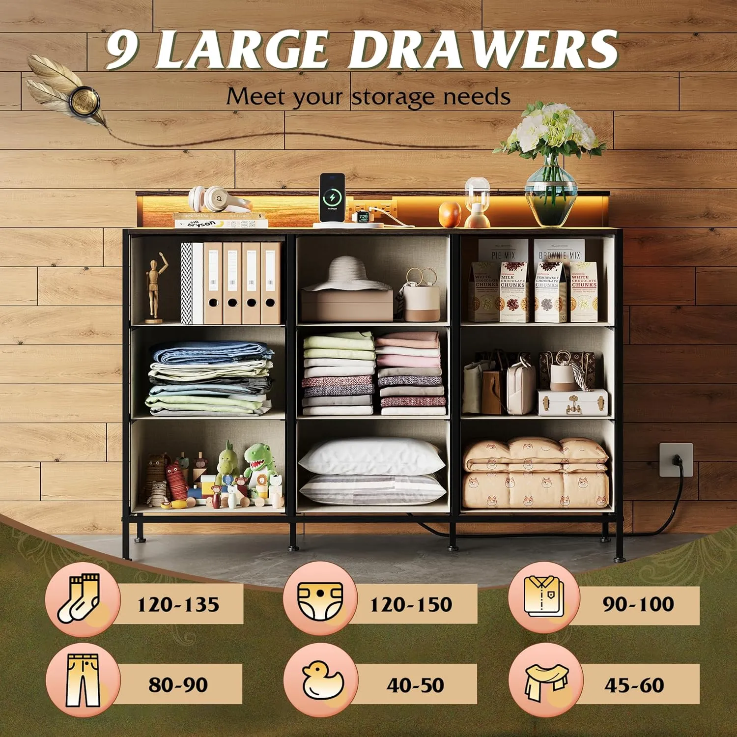 WLIVE Grey Dresser TV Stand for 50, 55 inch, Fabric Dressers for Bedroom, Chest of Drawers with LED Lights, Charging Station, Clothes Storage with 9 Drawers, Wood Top, Living Room, Closet, Dark Gray