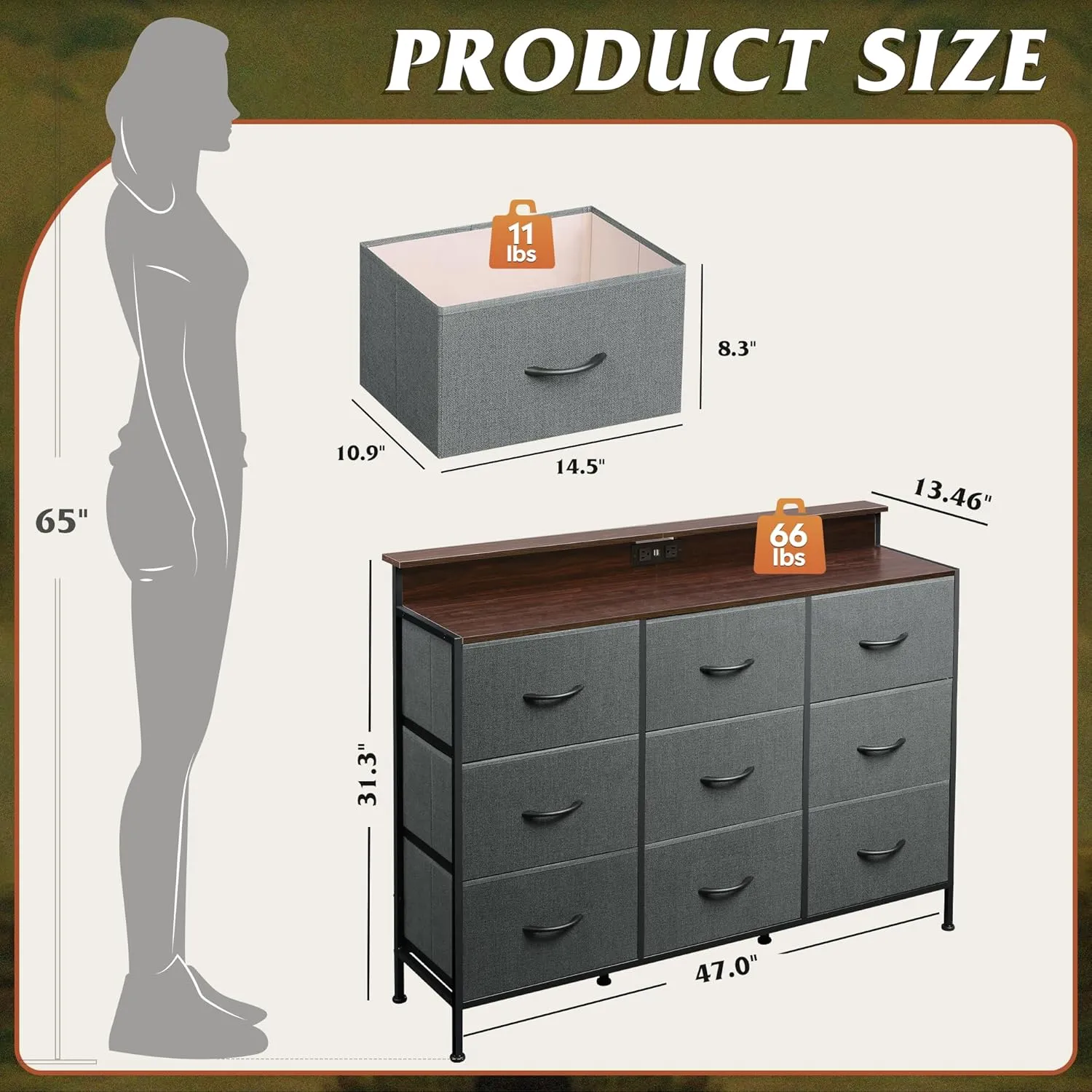 WLIVE Grey Dresser TV Stand for 50, 55 inch, Fabric Dressers for Bedroom, Chest of Drawers with LED Lights, Charging Station, Clothes Storage with 9 Drawers, Wood Top, Living Room, Closet, Dark Gray
