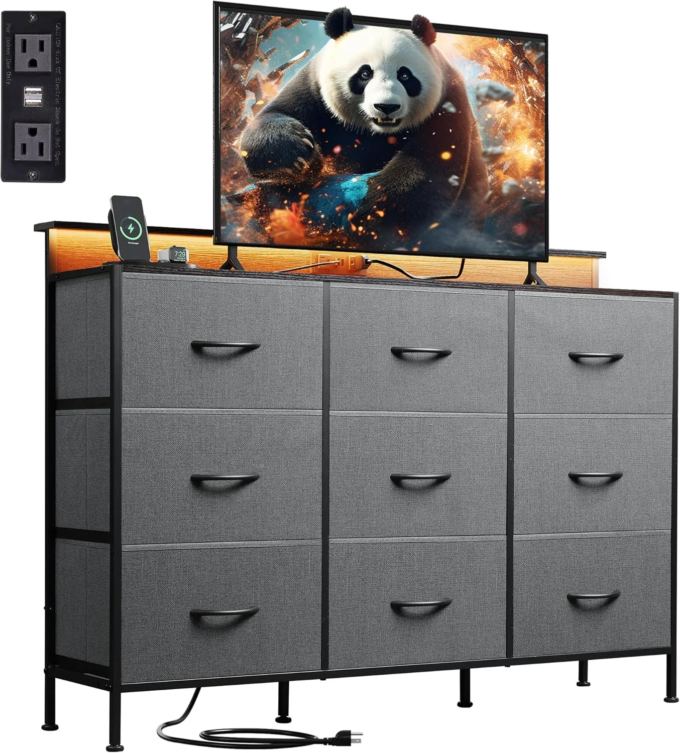 WLIVE Grey Dresser TV Stand for 50, 55 inch, Fabric Dressers for Bedroom, Chest of Drawers with LED Lights, Charging Station, Clothes Storage with 9 Drawers, Wood Top, Living Room, Closet, Dark Gray