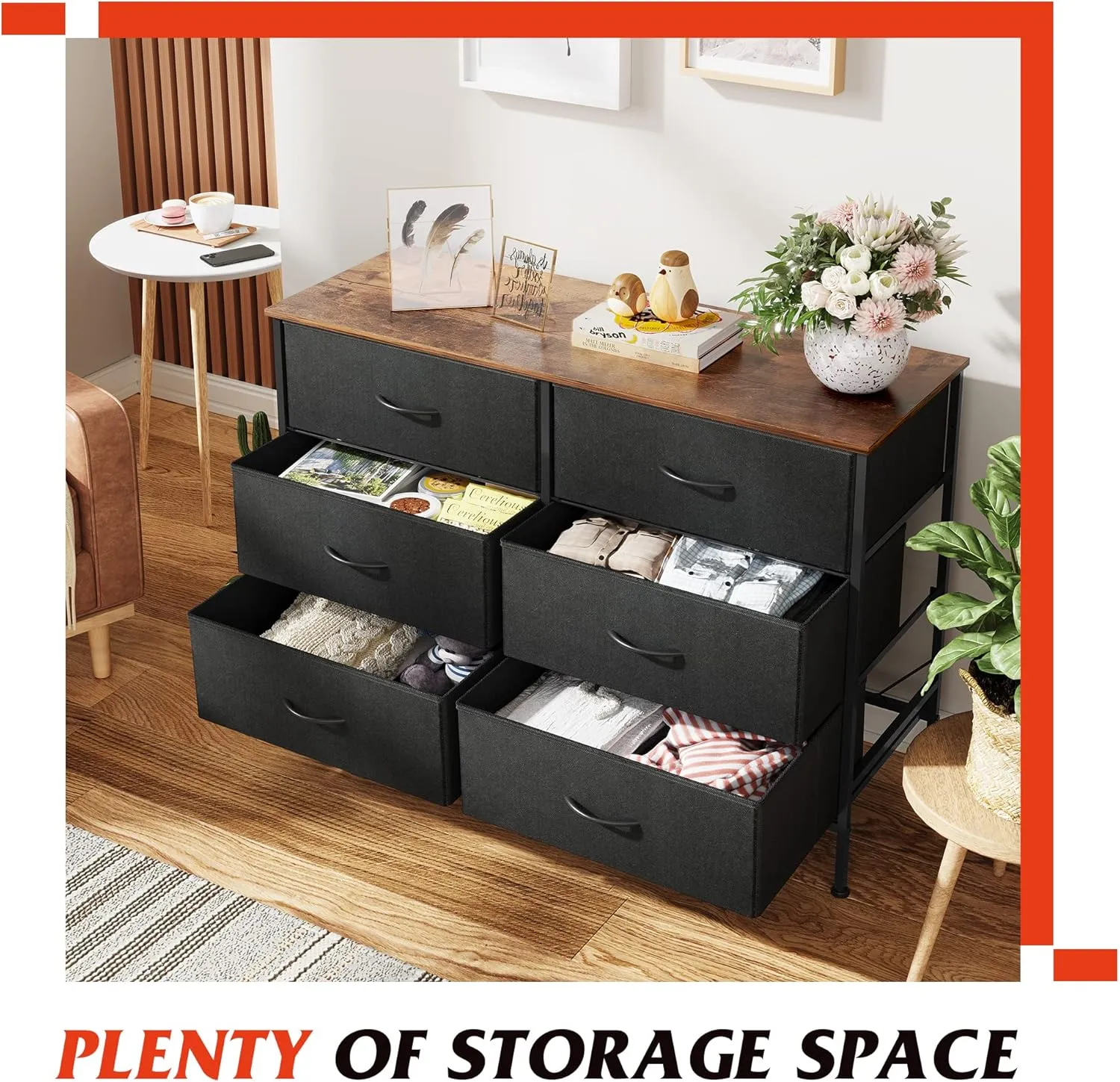 WLIVE Wide Dresser with 6 Drawers, TV Stand for 50 Inches TV, Entertainment Center with Metal Frame, Wooden Top, Fabric Storage Dresser for Bedroom, Hallway, Entryway, Black and Rustic Brown