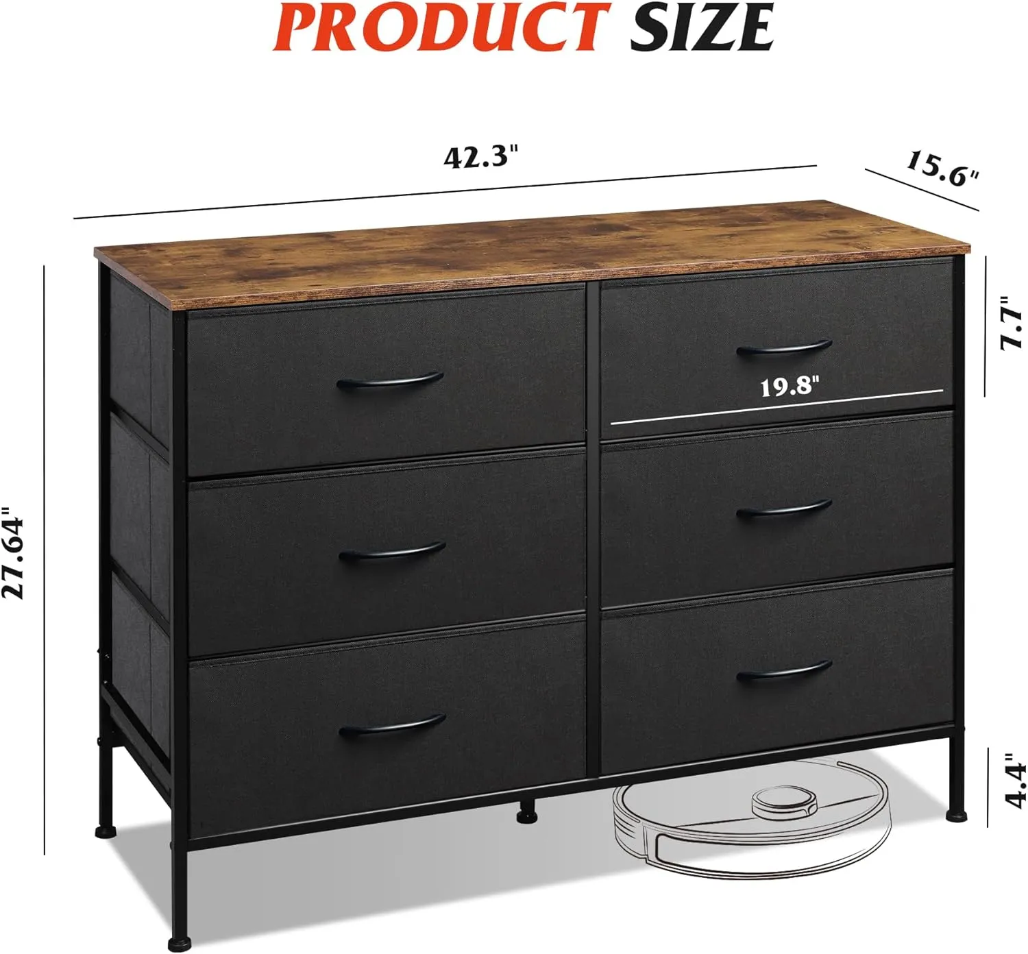 WLIVE Wide Dresser with 6 Drawers, TV Stand for 50 Inches TV, Entertainment Center with Metal Frame, Wooden Top, Fabric Storage Dresser for Bedroom, Hallway, Entryway, Black and Rustic Brown